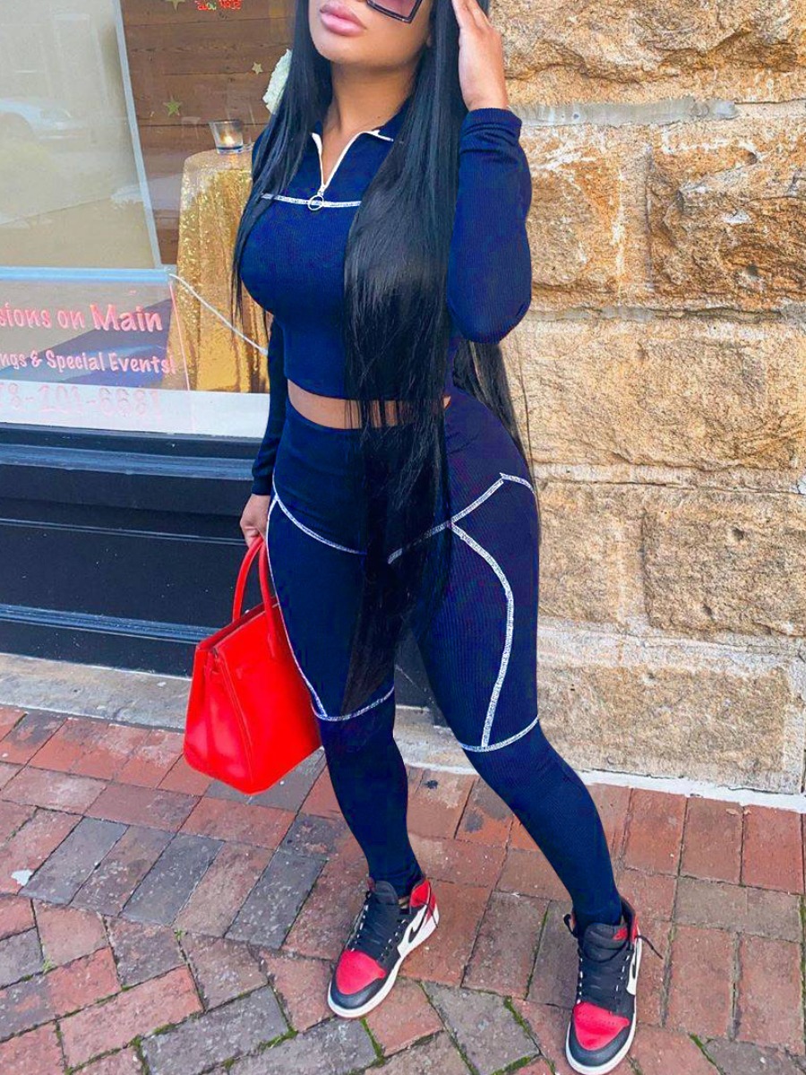 

Lovely Sportswear Turndown Collar Patchwork Dark Blue Two Piece Pants Set