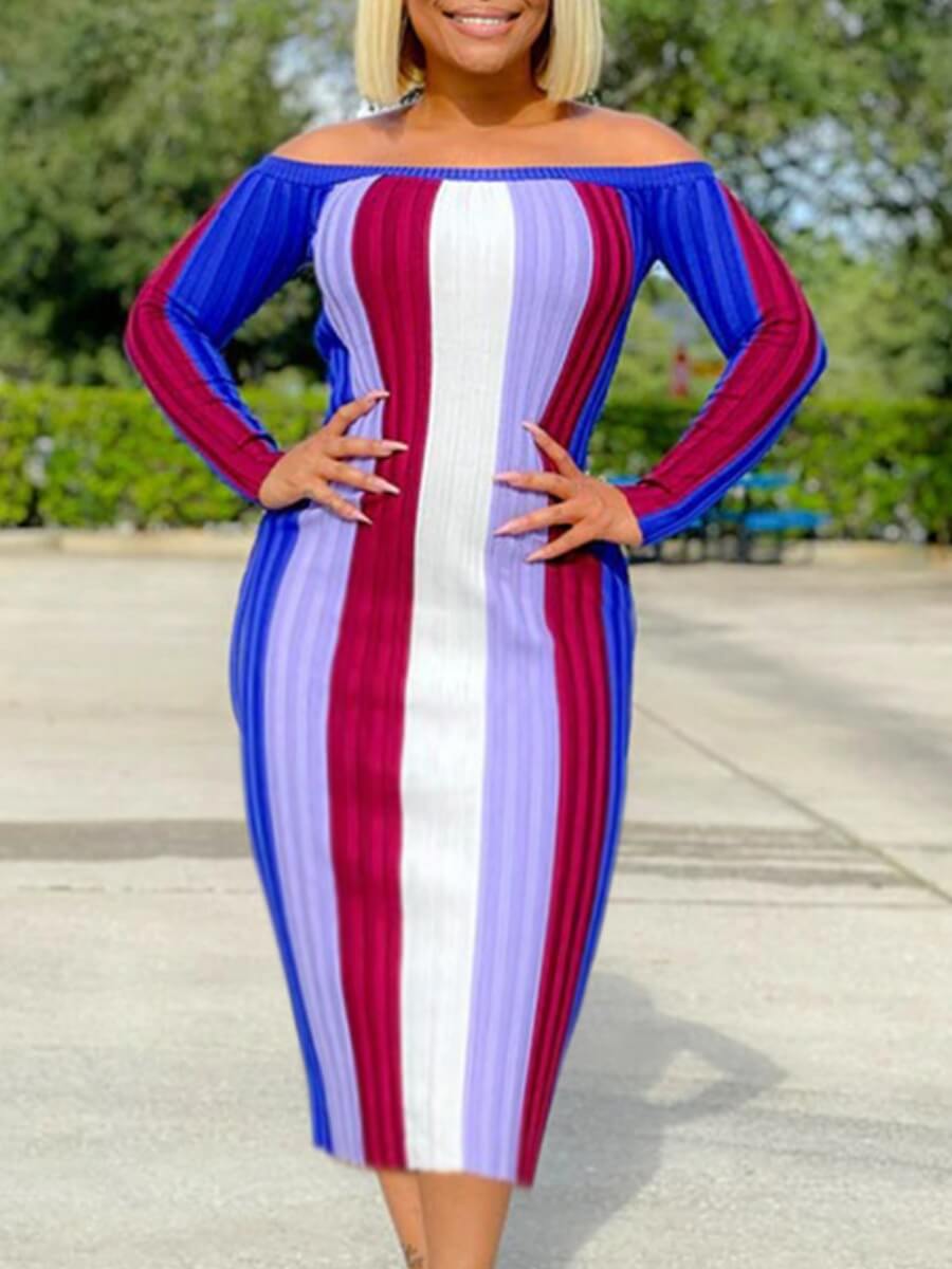 

Lovely Stylish Dew Shoulder Rainbow Striped Blue Mid Calf Dress