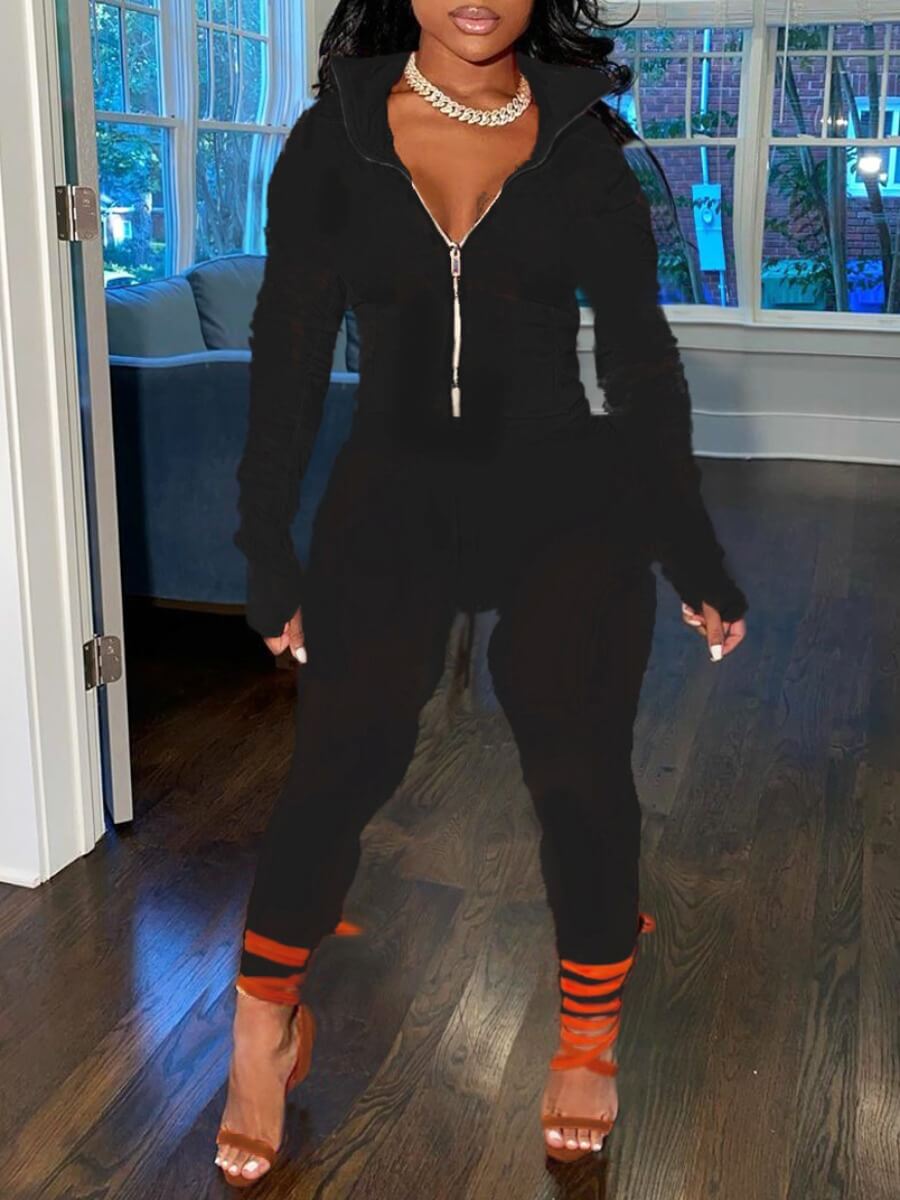 

Lovely Sportswear Turndown Collar Zipper Design Black Two Piece Pants Set