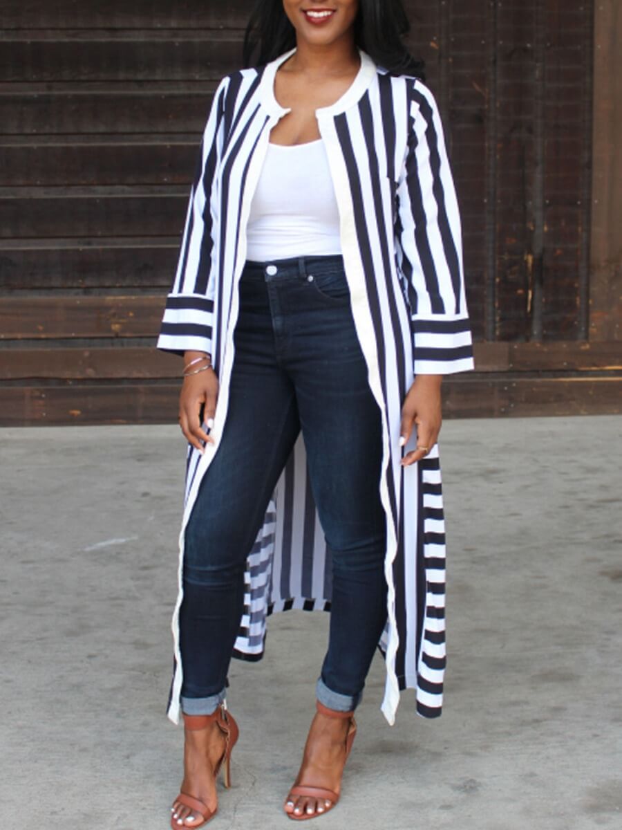 

Lovely Stylish Striped Side High Slit Black And White Trench Coat