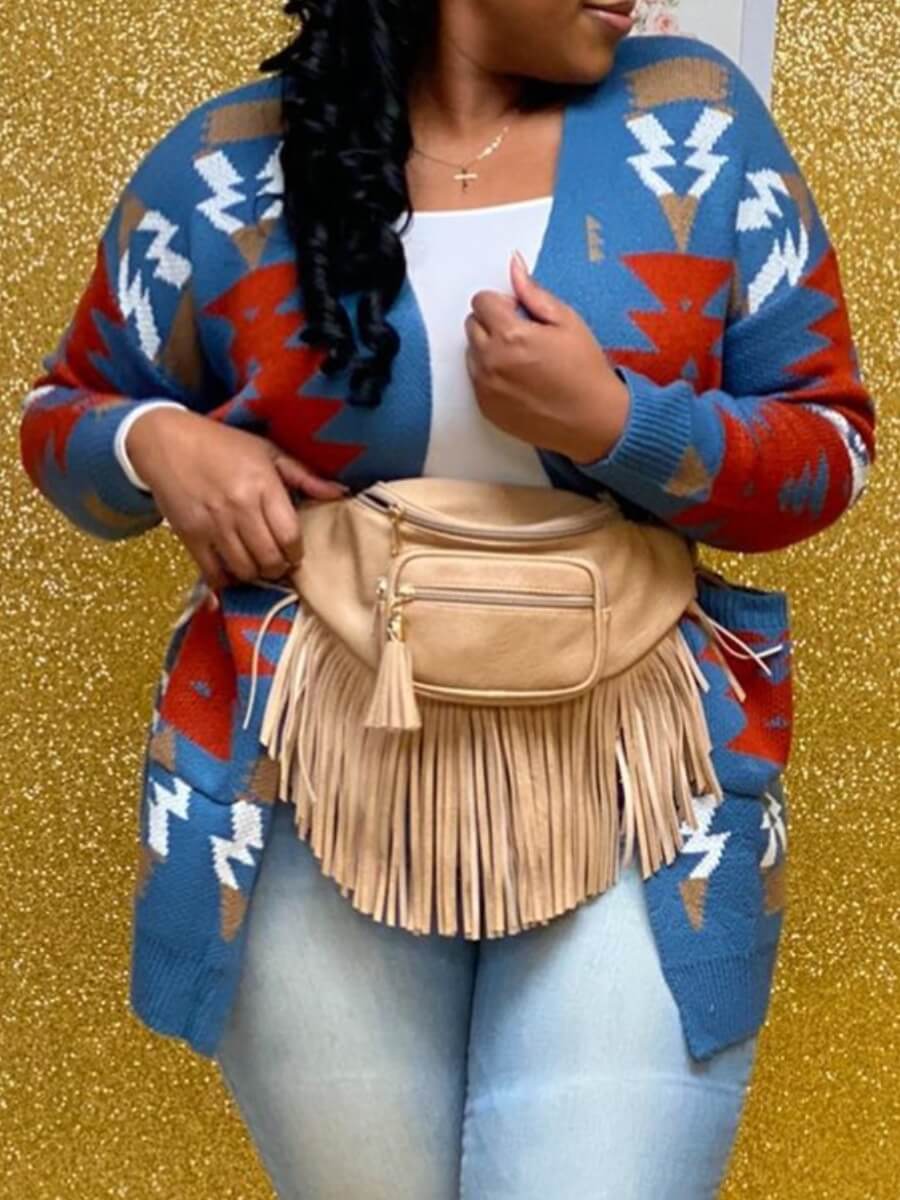 

Lovely Stylish Print Loose Blue Cardigan