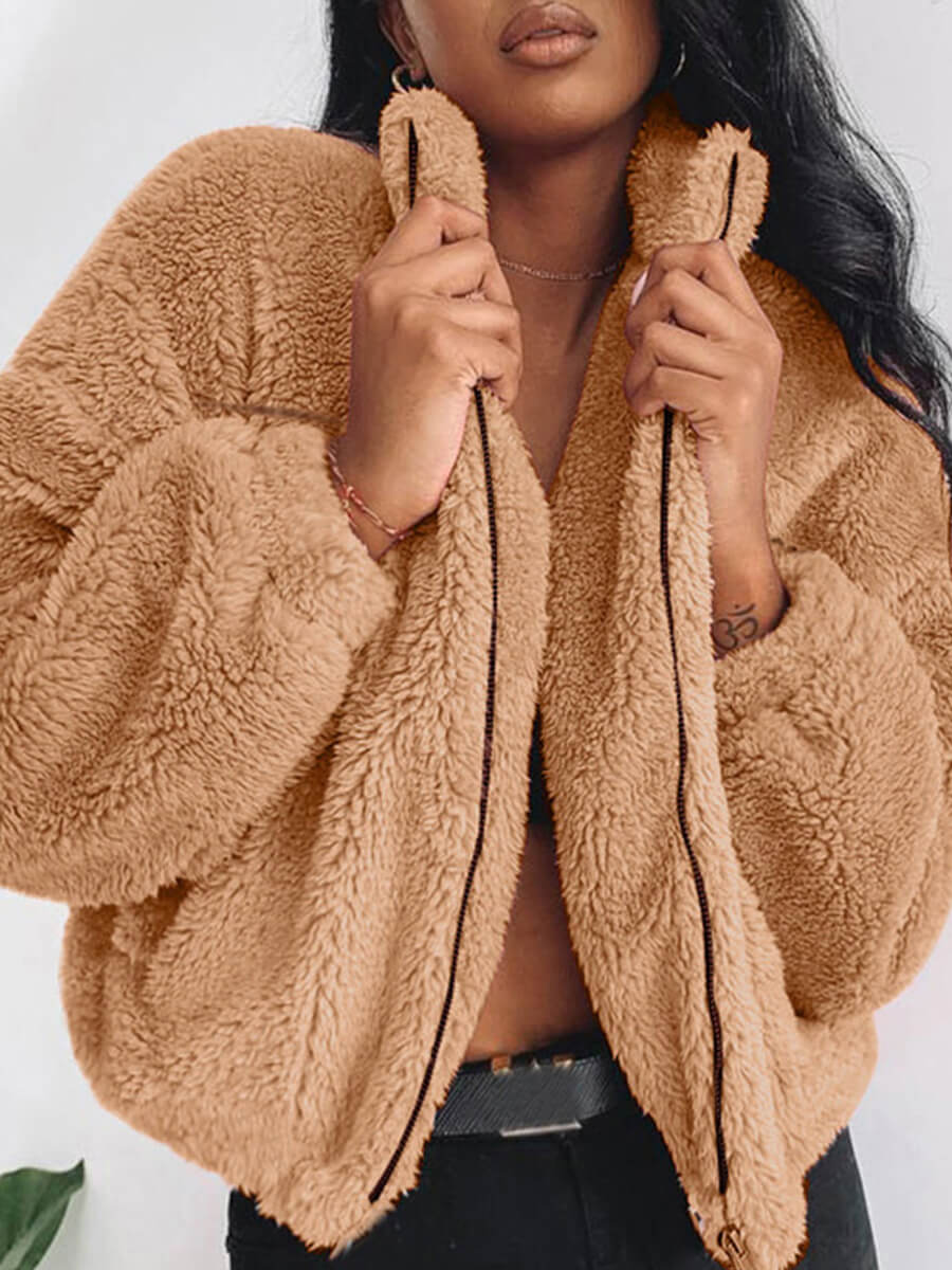 

Lovely Trendy Zipper Design Light Camel Coat