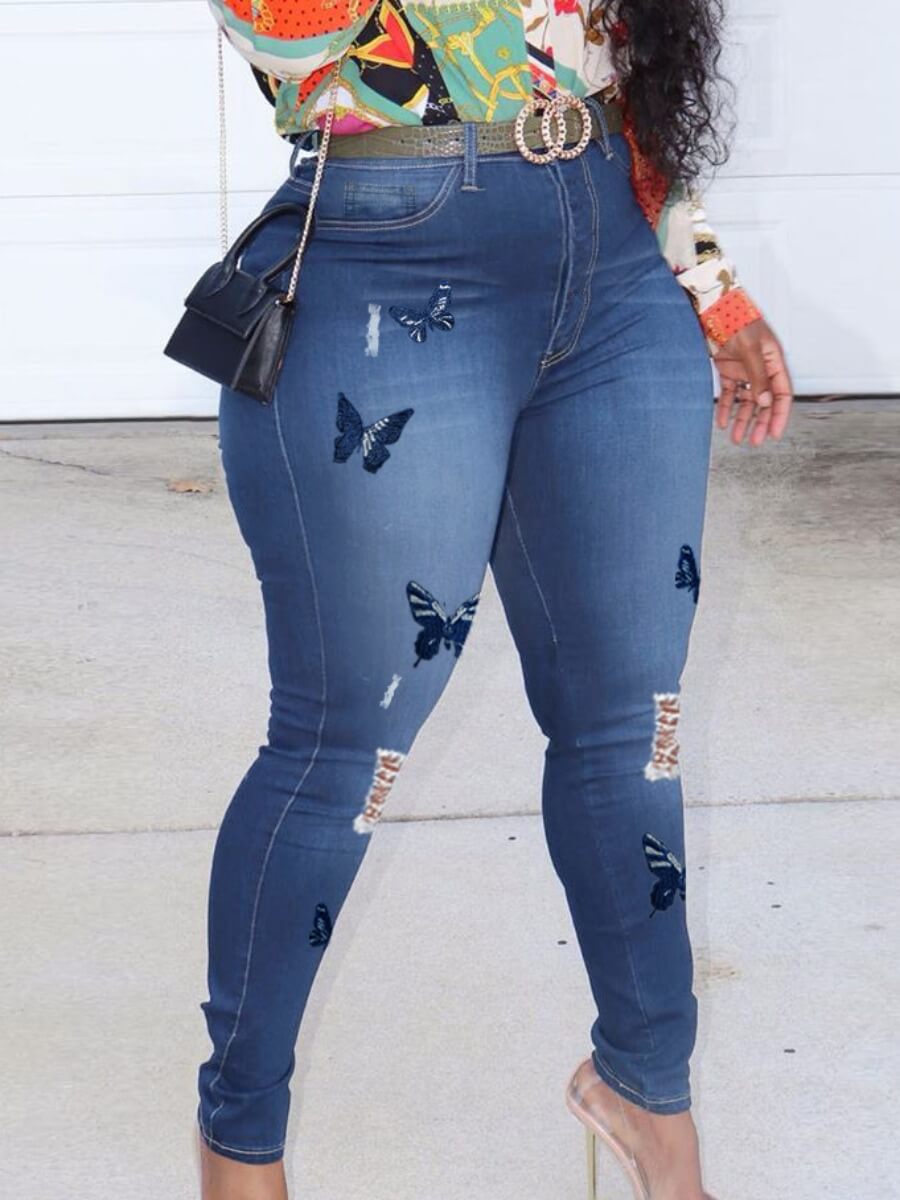 

Lovely Casual Butterfly Embroidered Blue Plus Size Jeans