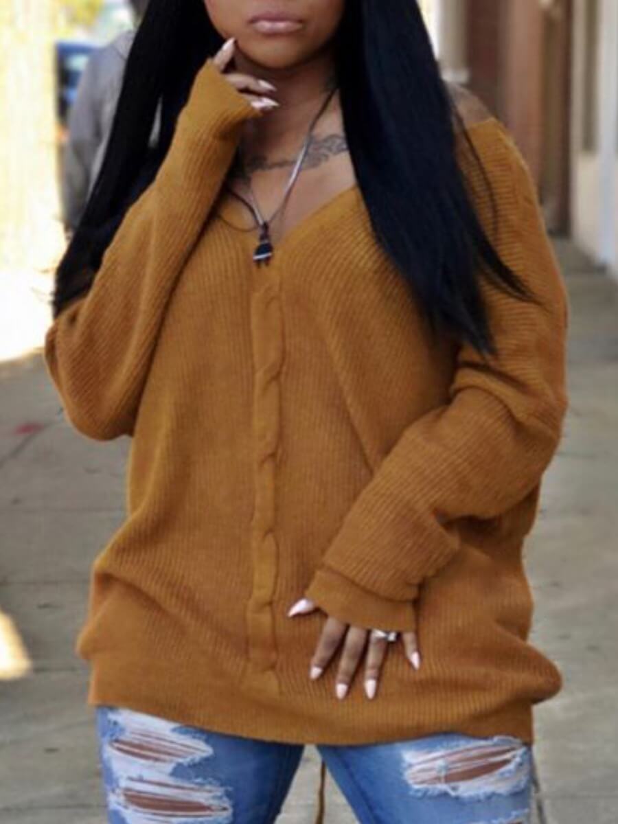 

Lovely Leisure V Neck Loose Khaki Sweater