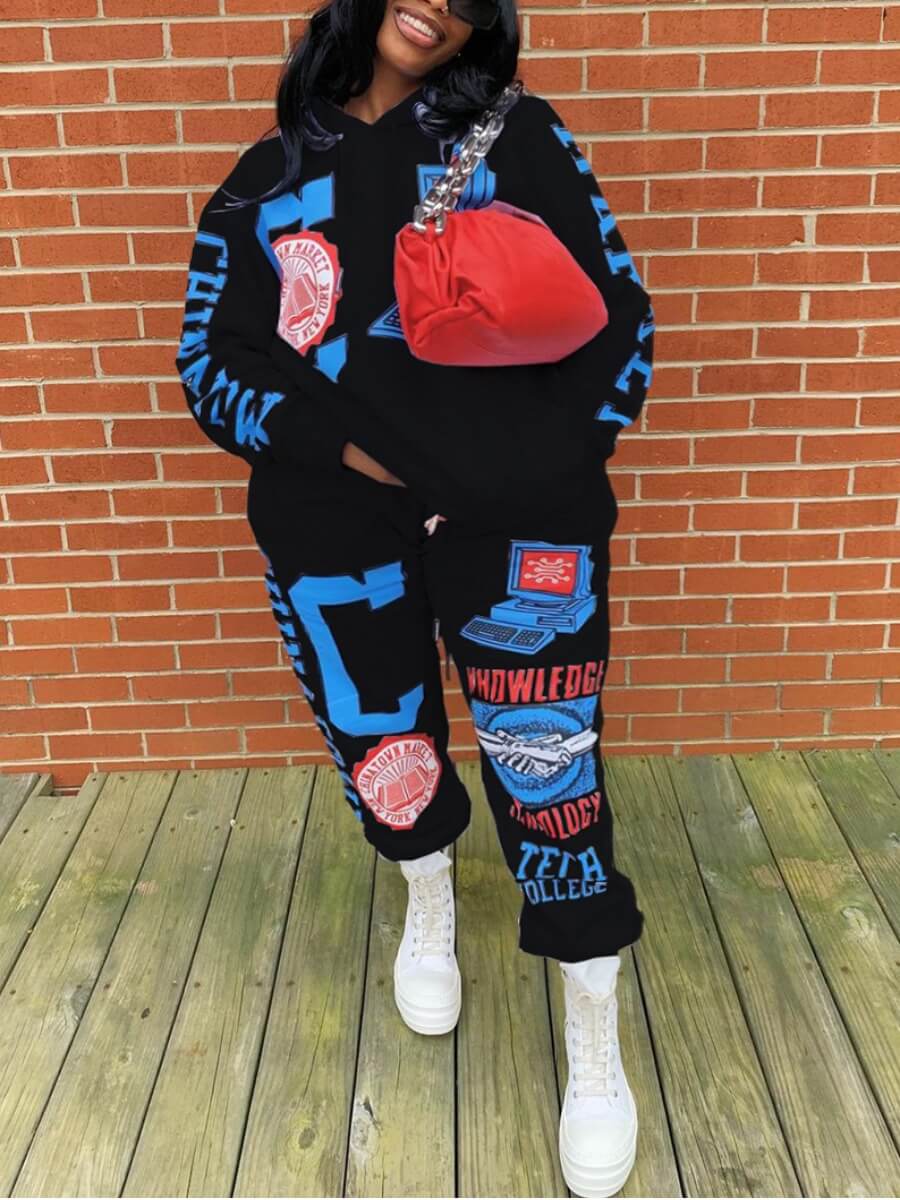 

Lovely Casual Hooded Collar Print Loose Black Plus Size Two-piece Pants Set