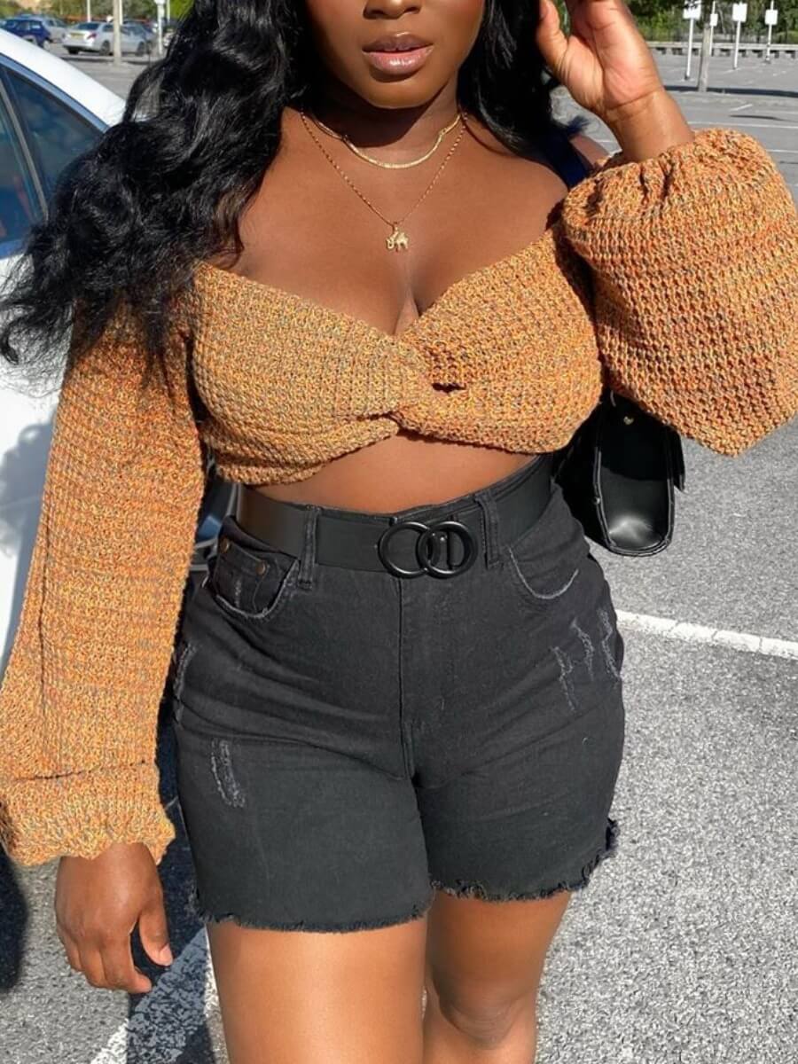

Lovely Sexy V Neck Knot Design Khaki Sweater