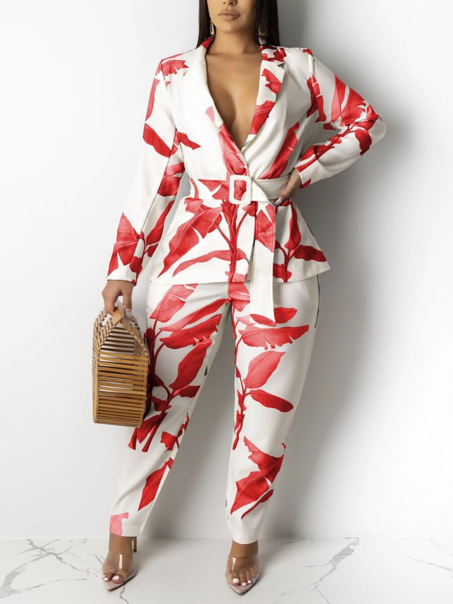 

Lovely Stylish Turndown Collar Print Red Plus Size Two-piece Pants Set