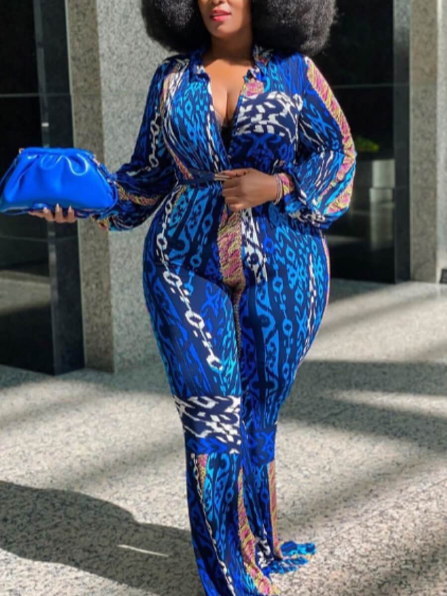 

Lovely Stylish Print Blue Plus Size One-piece Jumpsuit