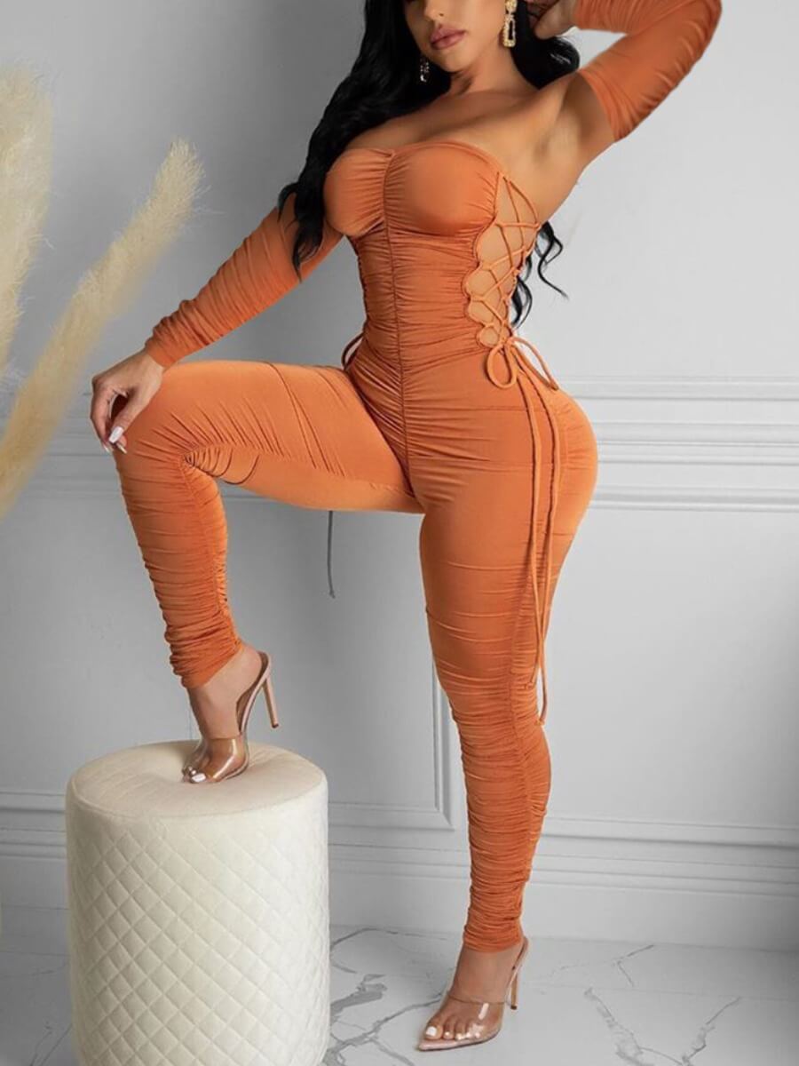 

LW SXY Bandage Hollow-out Design Ruched Jumpsuit, Caramel color