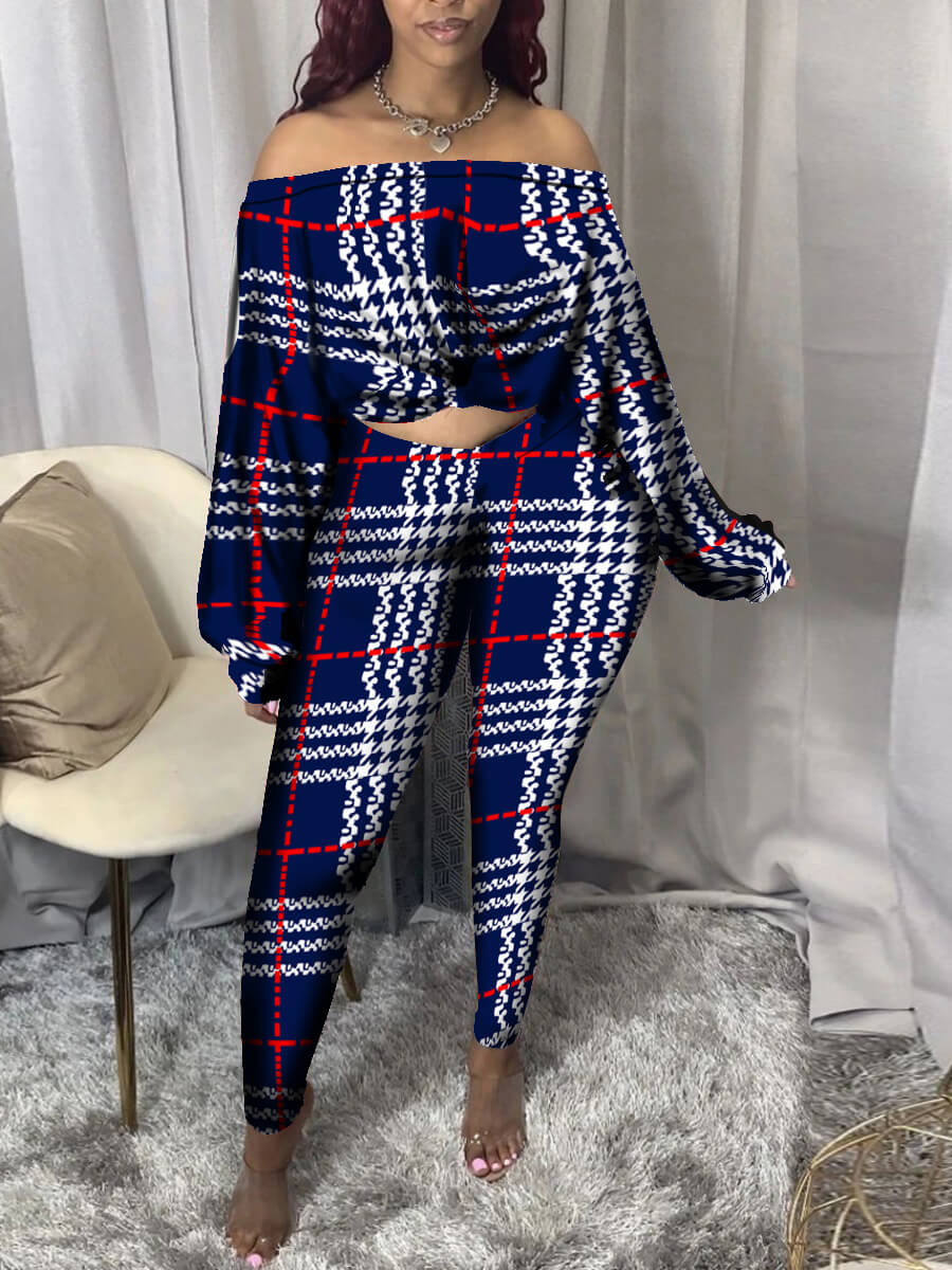 

Lovely Trendy Dew Shoulder Grid Print Blue Two Piece Pants Set