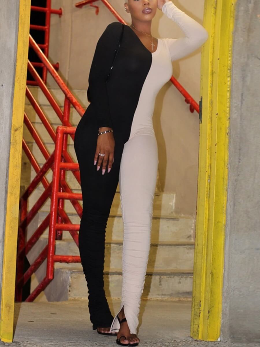 

Lovely Stylish V Neck Patchwork Black One-piece Jumpsuit