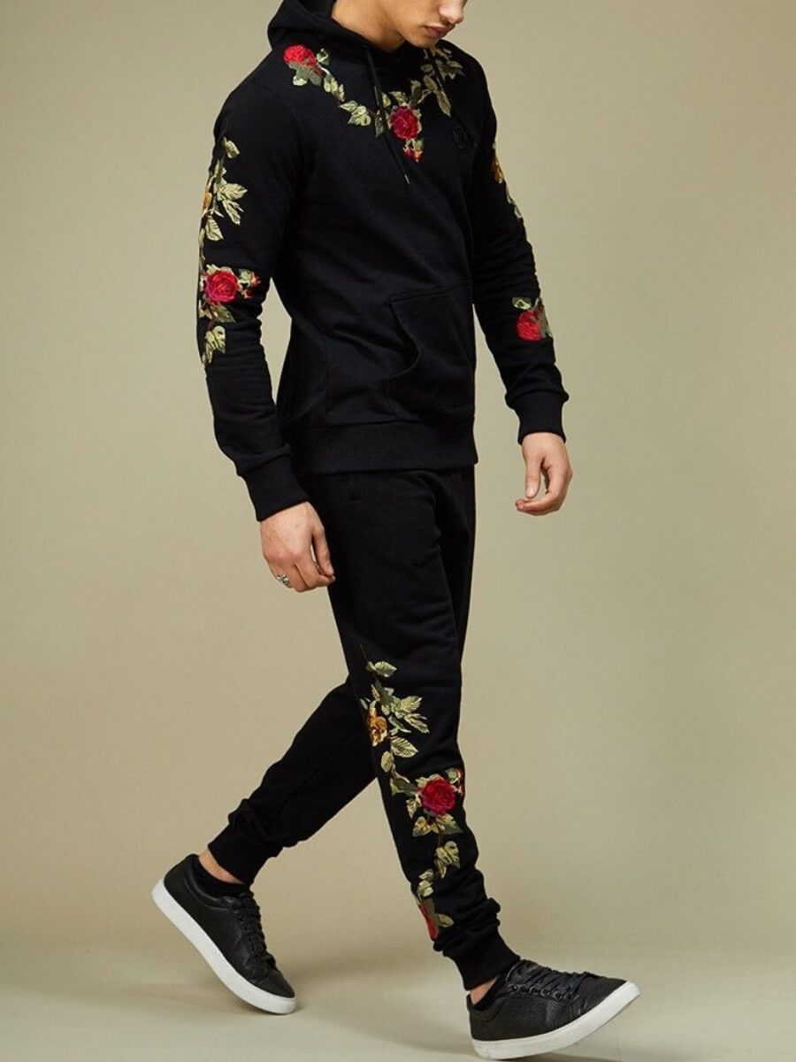

Lovely Stylish Hooded Collar Embroidered Black Men Two-piece Pants Set