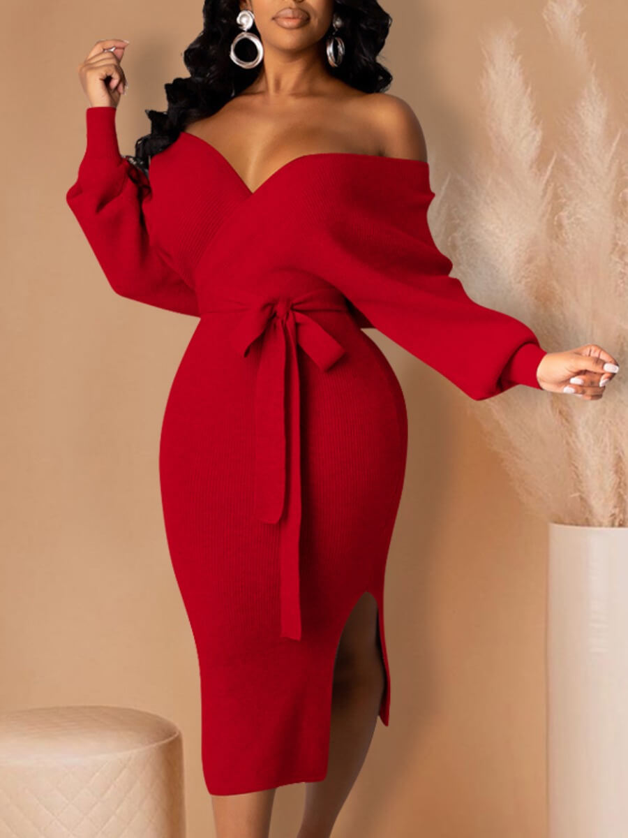 

LW Trendy Backless Lace-up Red Mid Calf Dress