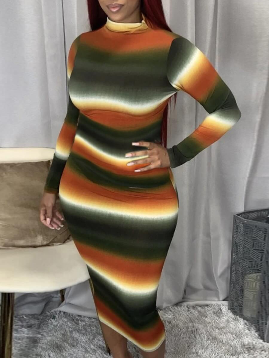 

Lovely Leisure Turtleneck Tie-dye Green Mid Calf Dress