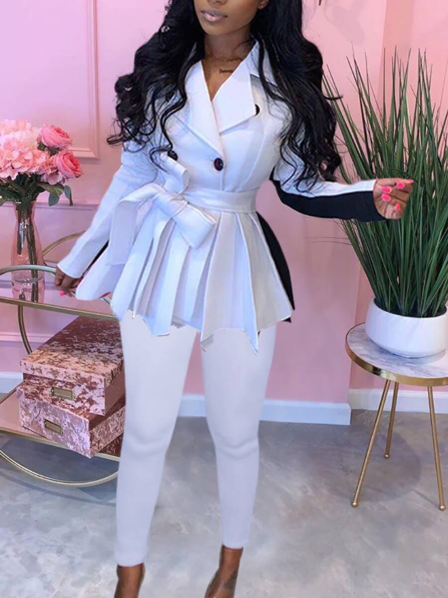 

Lovely Trendy Turndown Collar Patchwork Fold Design White Two Piece Pants Set