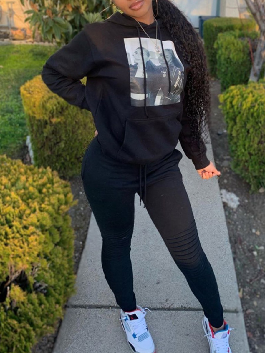 

lovely Leisure Hooded Collar Print Black Two Piece Pants Set