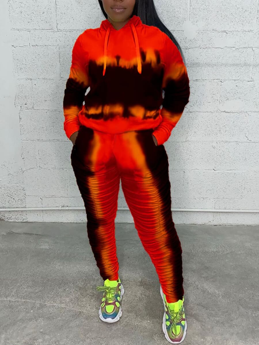 

Lovely Leisure Hooded Collar Tie Dye Red Two Piece Pants Set