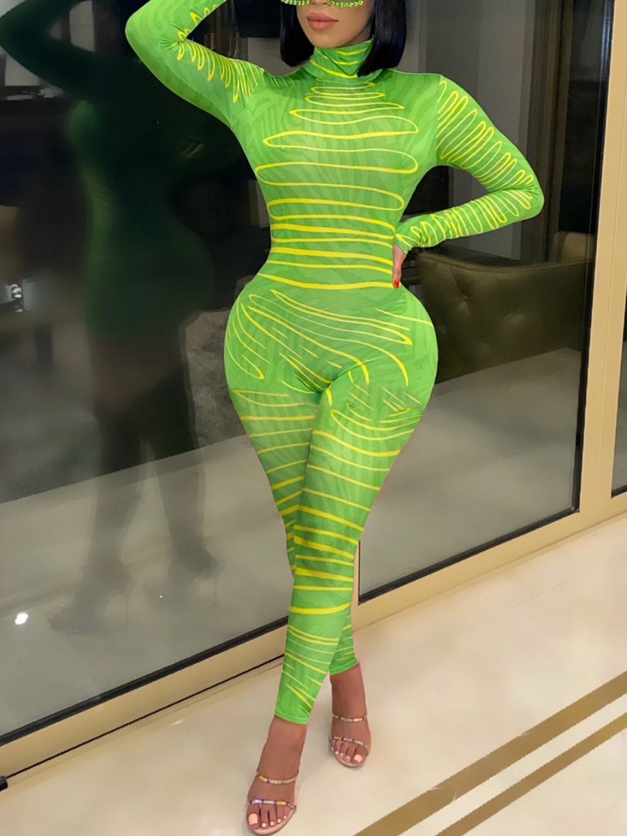 

Lovely Trendy Turtleneck Print Skinny Green One-piece Jumpsuit