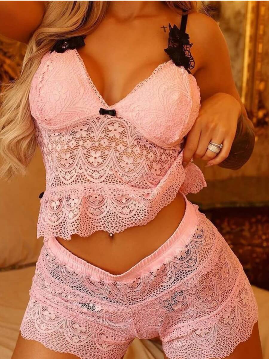 

Lovely Sexy Spaghetti Strap Lace Patchwork Pink Sleepwear