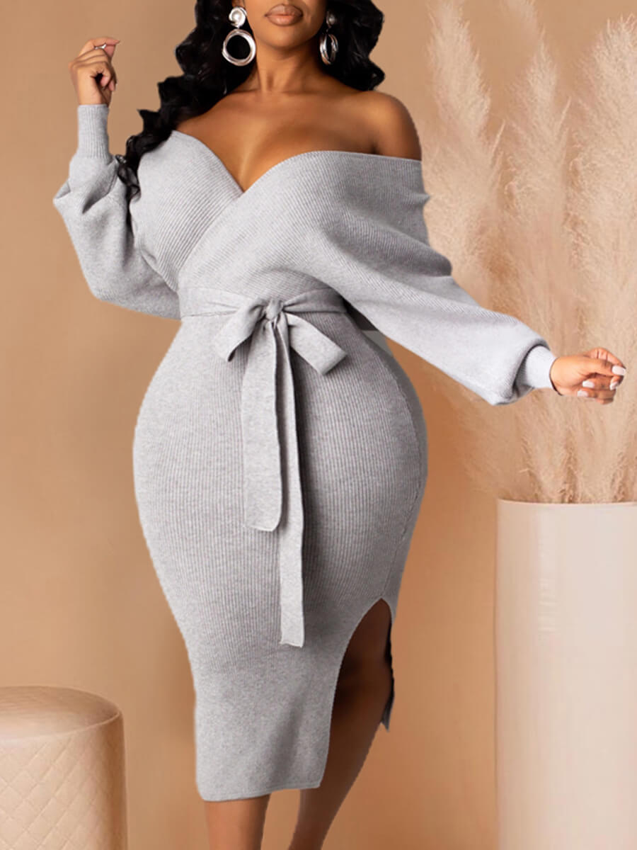 

Lovely Casual Dew Shoulder Lace-up Grey Mid Calf Plus Size Dress