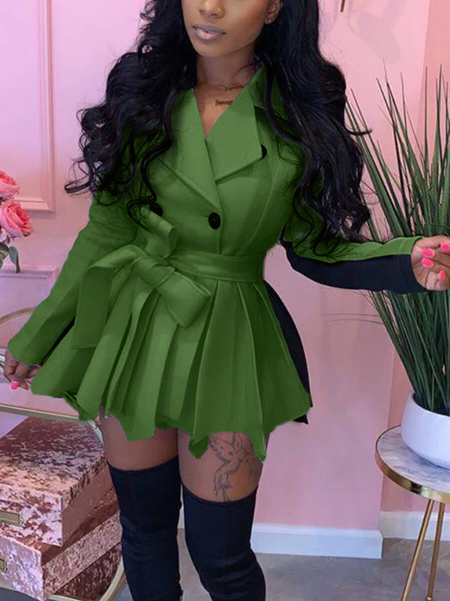 

LW Trendy Turndown Collar Patchwork Fold Design Green Mini Dress