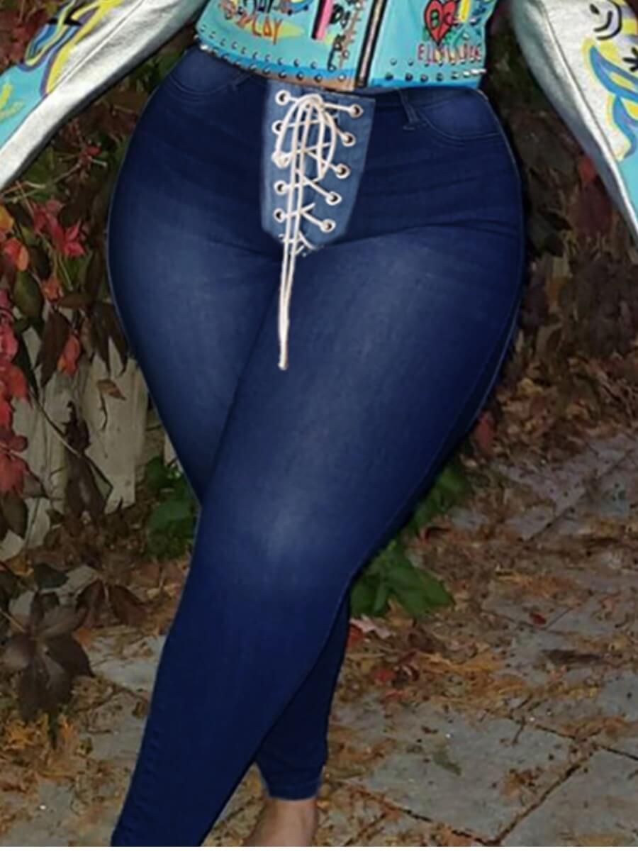 

Lovely Casual Bandage Design Deep Blue Plus Size Jeans