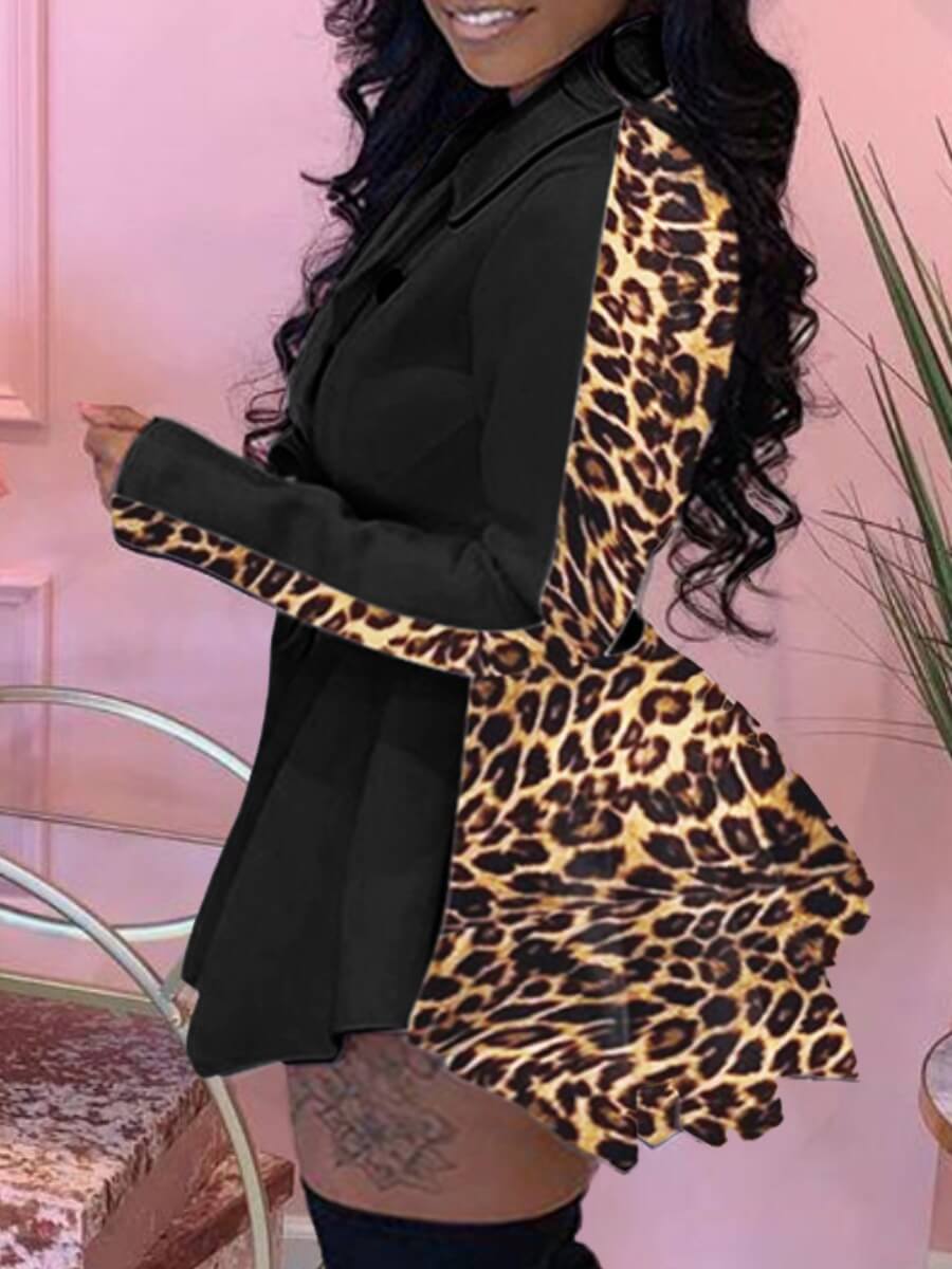 

Lovely Trendy Turndown Collar Leopard Print Patchwork Black Plus Size Coat