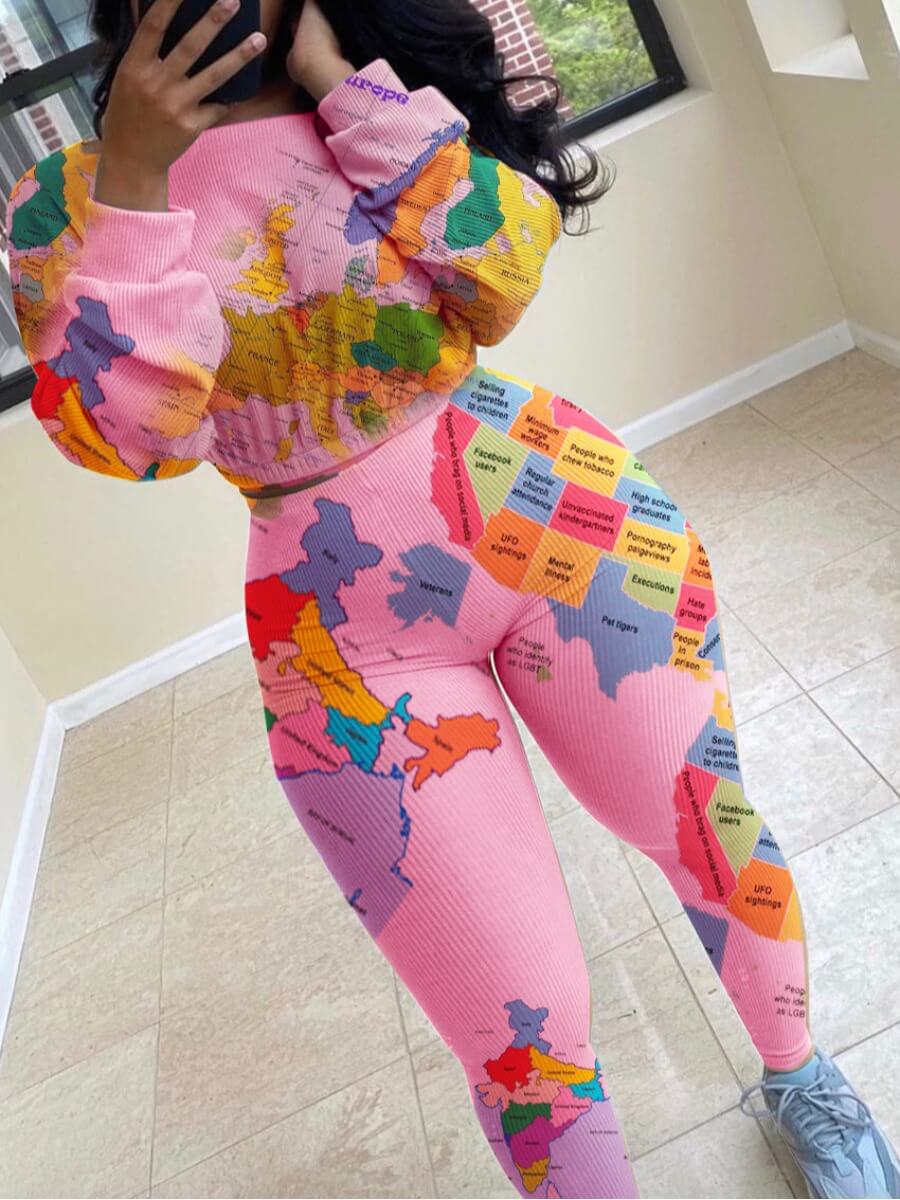 

Lovely Casual O Neck Print Skinny Pink Plus Size Two-piece Pants Set