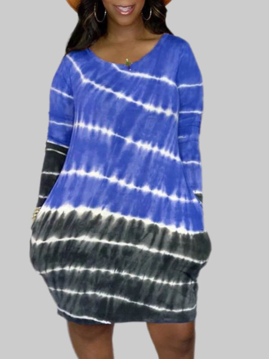 

Lovely Plus Size Casual O Neck Tie-dye Blue Knee Length Dress