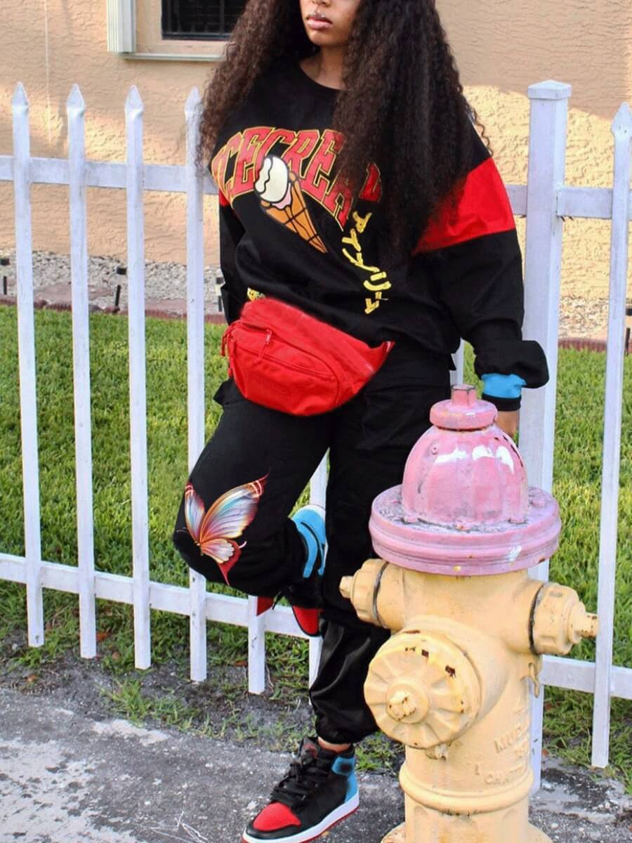 

Lovely Street O Neck Print Loose Black Two Piece Pants Set
