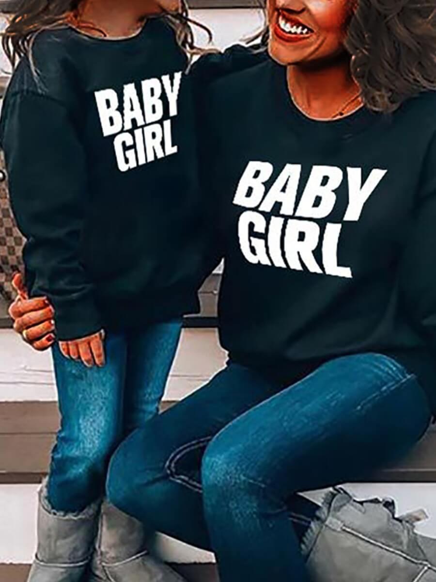

Lovely Family O Neck Letter Print Black Girl Hoodie, Girls