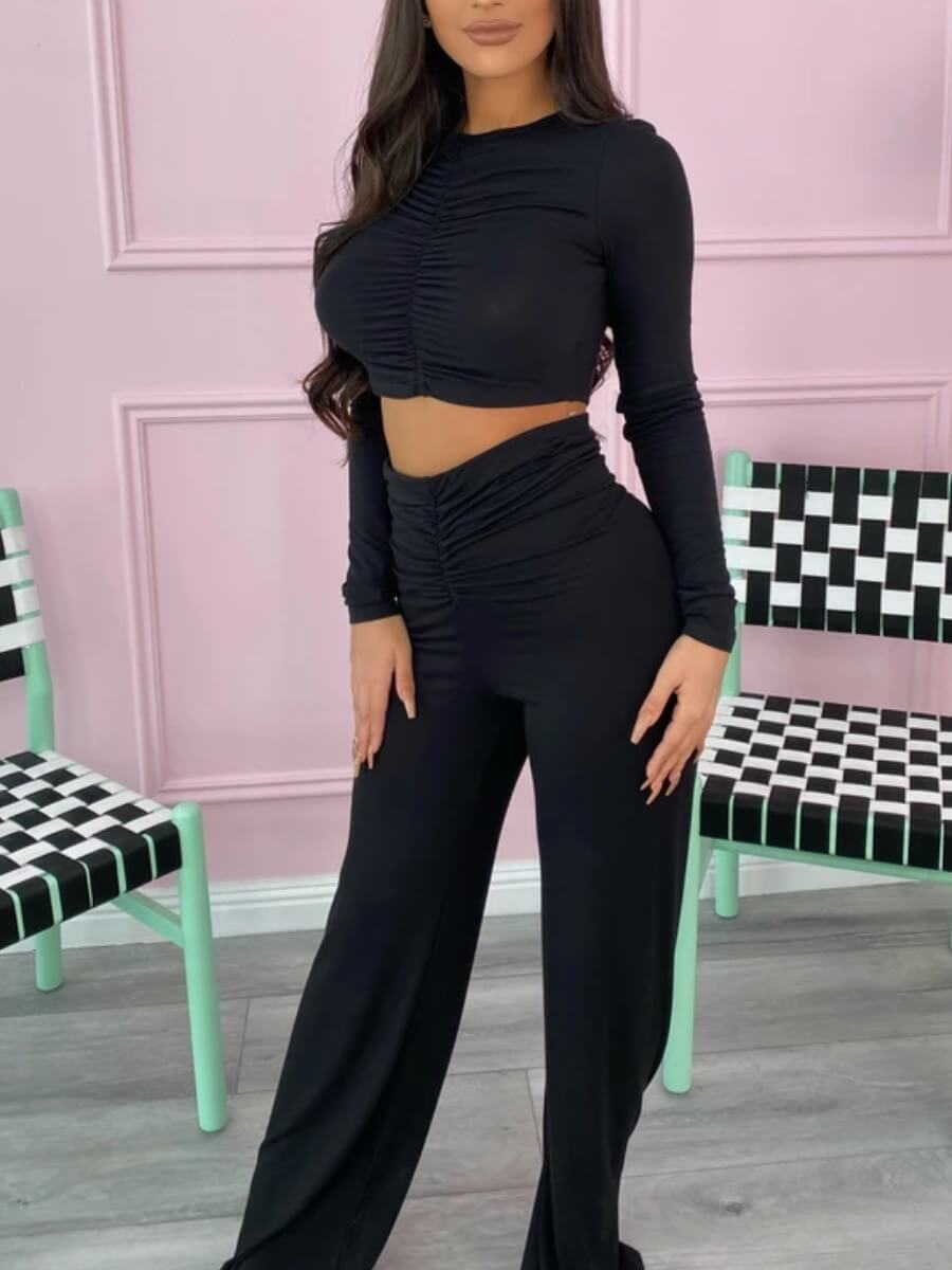 

Lovely Casual O Neck Basic Black Two Piece Pants Set