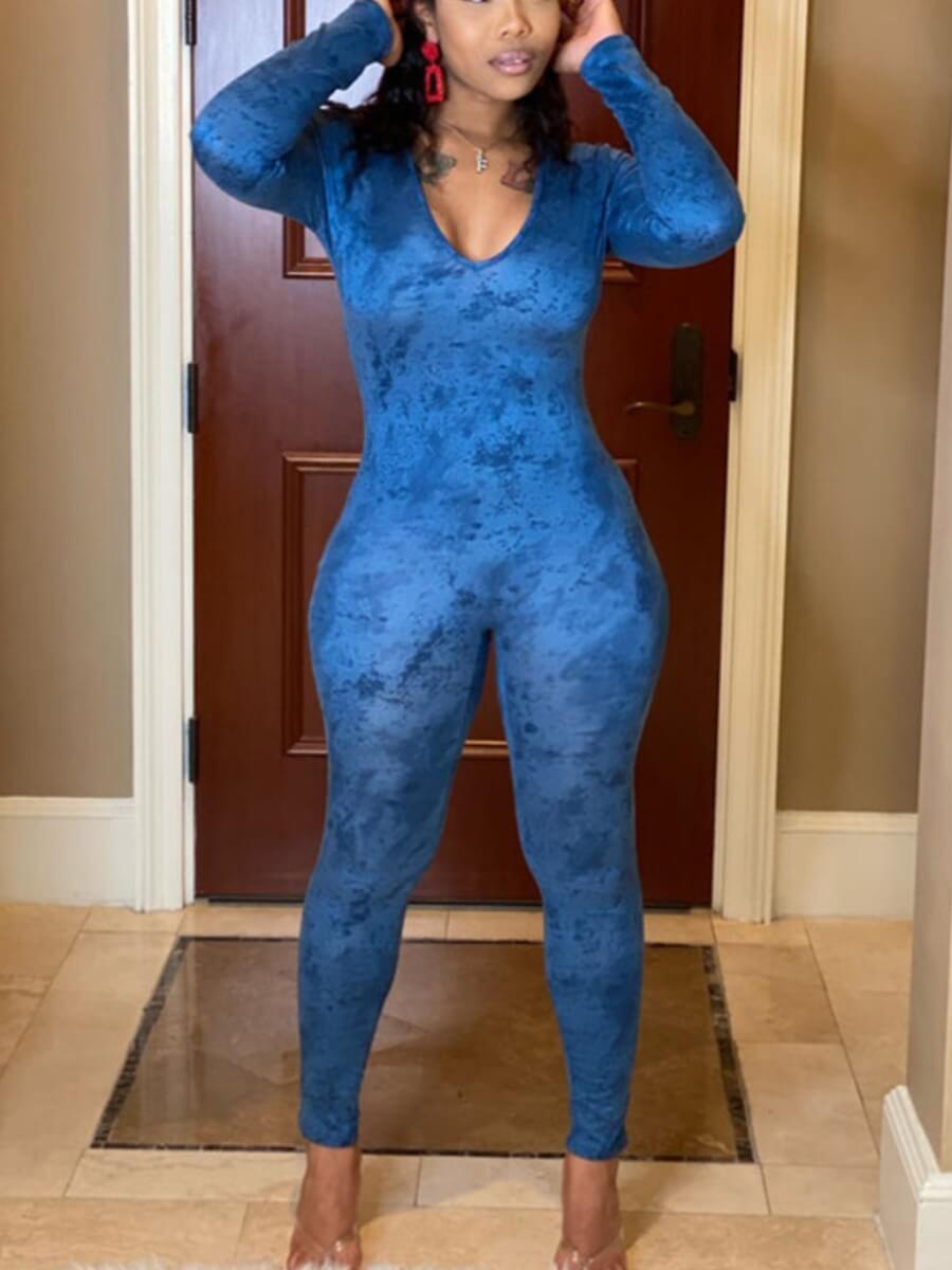 

Lovely Stylish V Neck Tie-dye Blue One-piece Jumpsuit(Batch Print