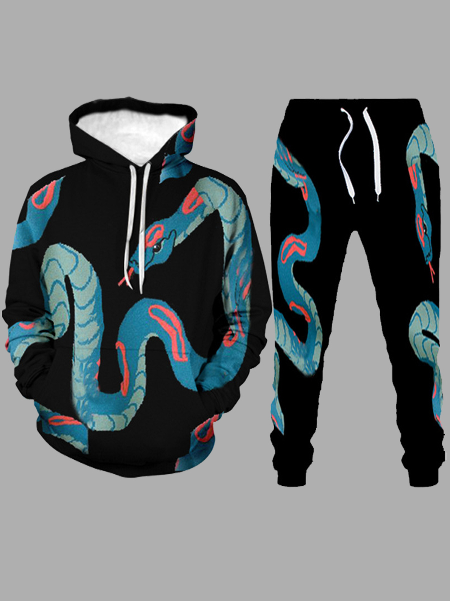 

lovely Leisure Hooded Collar Print Black Men Two-piece Pants Set