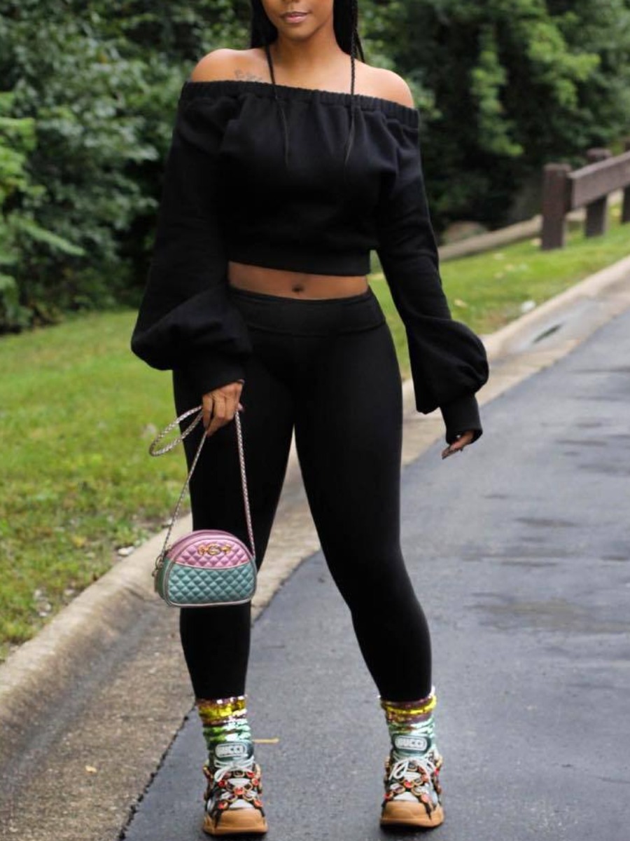 

Lovely Casual Dew Shoulder Basic Black Two Piece Pants Set