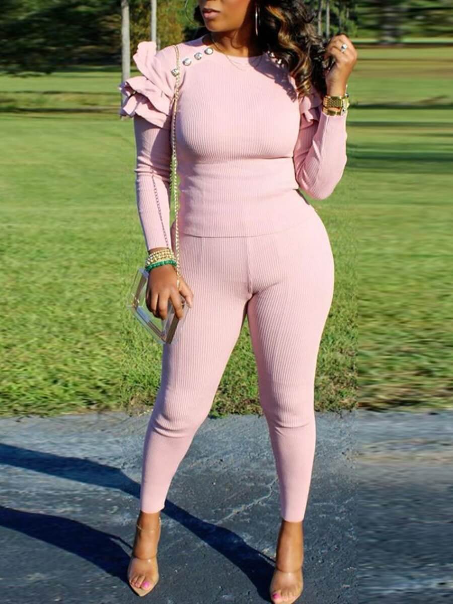 

Lovely Street O Neck Patchwork Pink Two Piece Pants Set