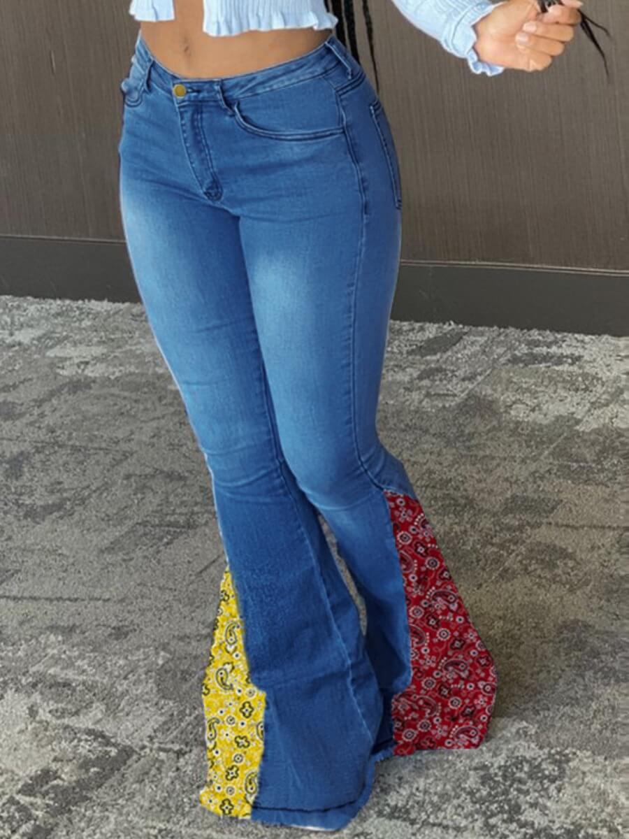 

Lovely Casual High-waisted Patchwork Blue Jeans