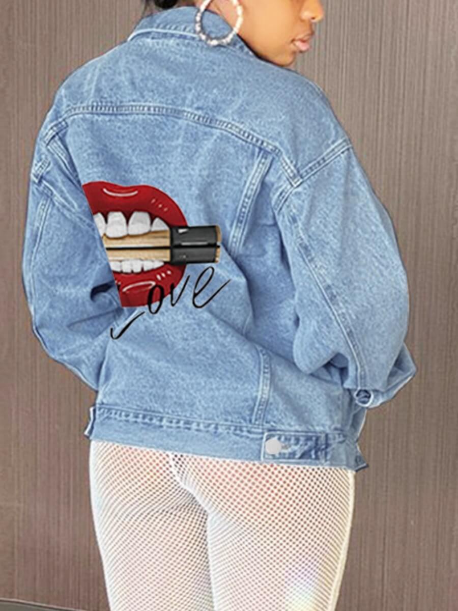 

Lovely Street Turndown Collar Lip Print Blue Denim Jacket