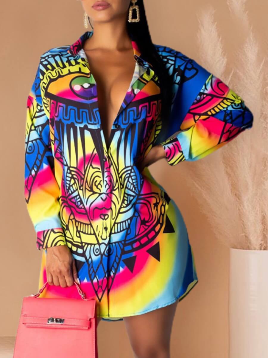 

Lovely Casual Turndown Collar Print Multicolor Mini Dress, Multi