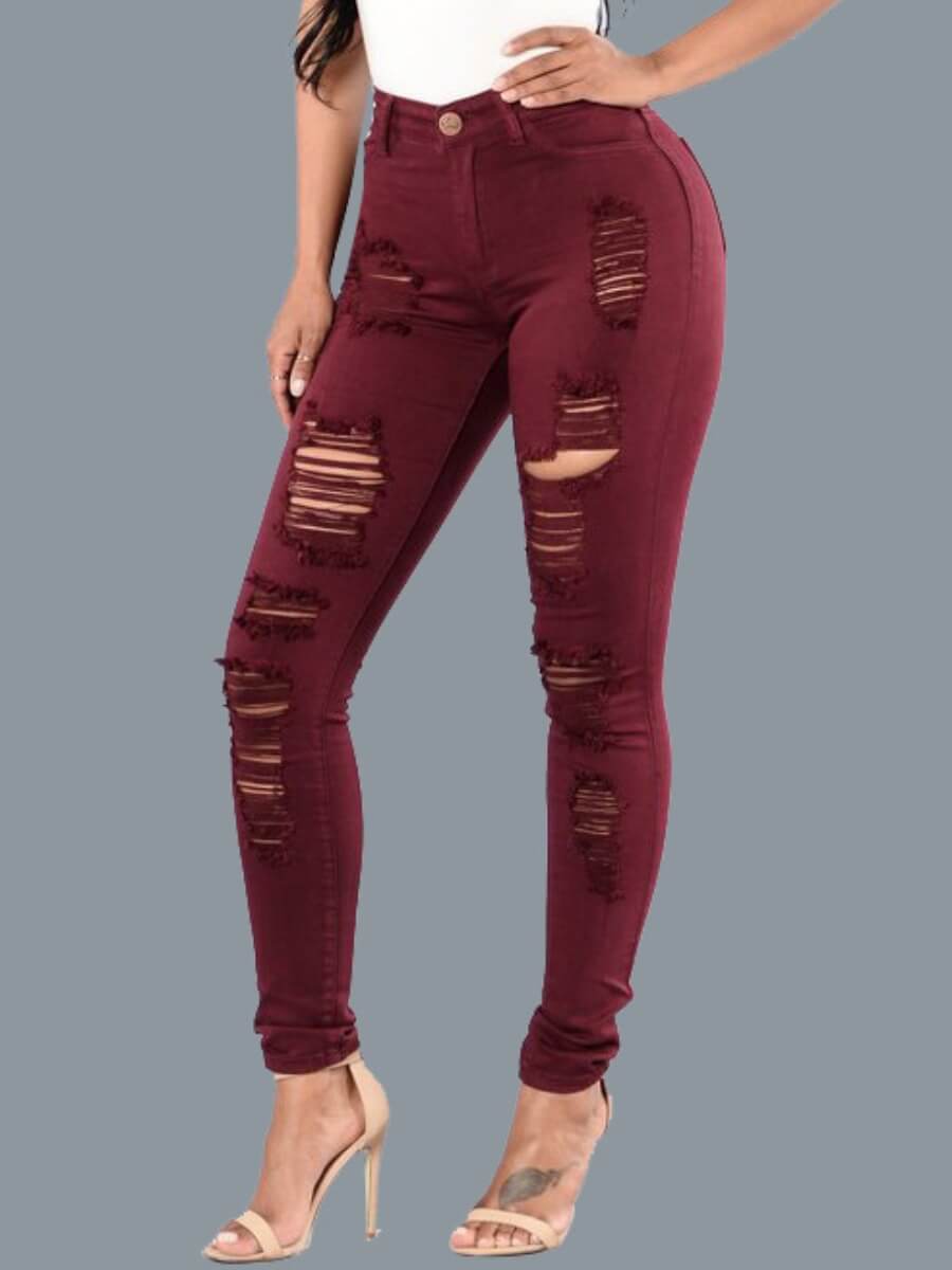

Lovely Street Broken Holes Skinny Red Jeans