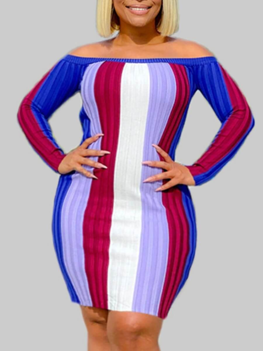 

Lovely Casual Dew Shoulder Striped Blue Mini Plus Size Dress