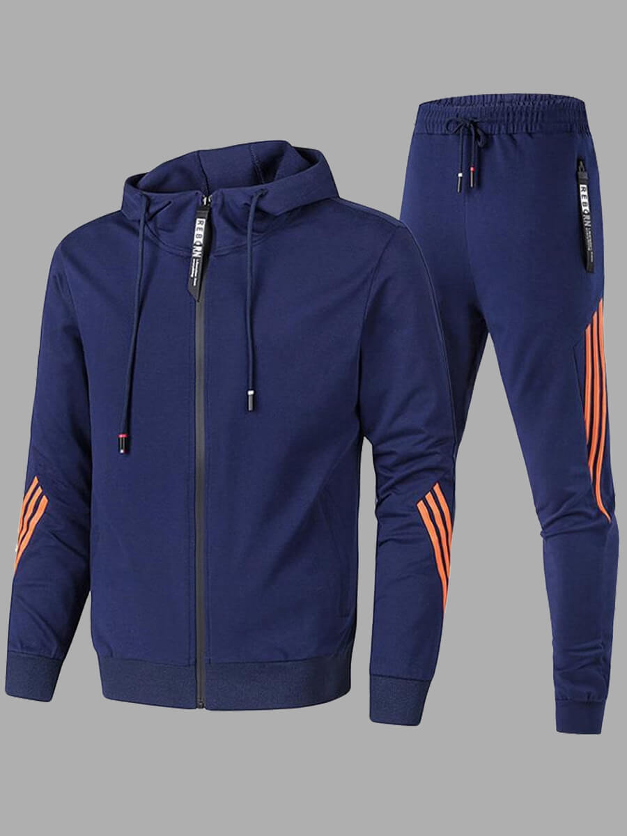 

Lovely Sportswear Hooded Collar Zipper Design Patchwork Blue Men Two-piece Pants Set