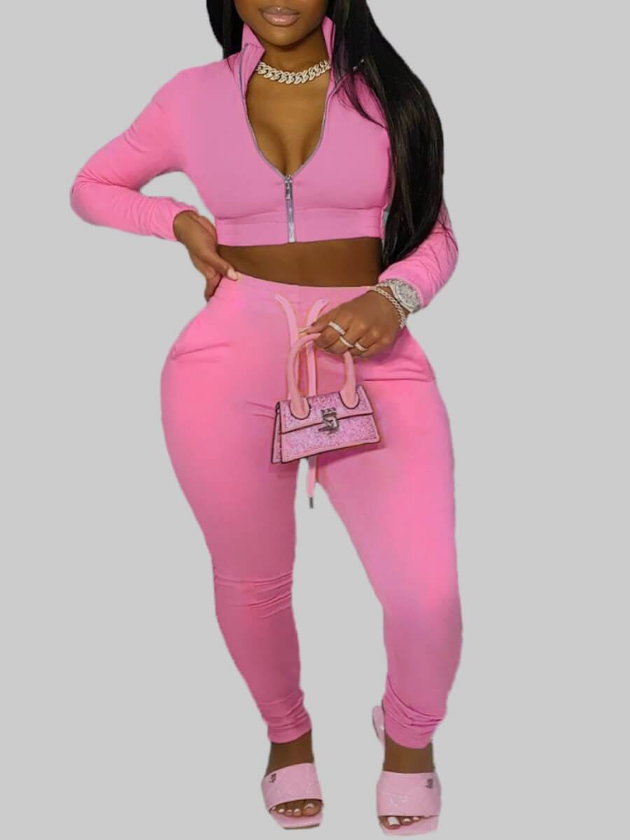 

Lovely Sportswear Turndown Collar Zipper Design Pink Plus Size Two-piece Pants Set