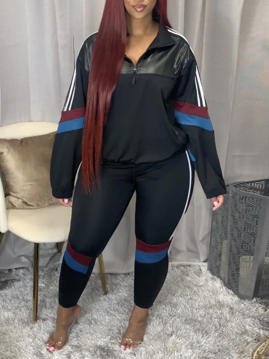 

Lovely Casual Turndown Collar Patchwork Black Plus Size Two-piece Pants Set