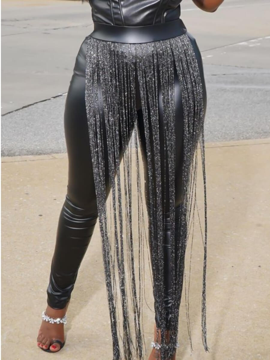 

Lovely Street Tassel Design Black Pants