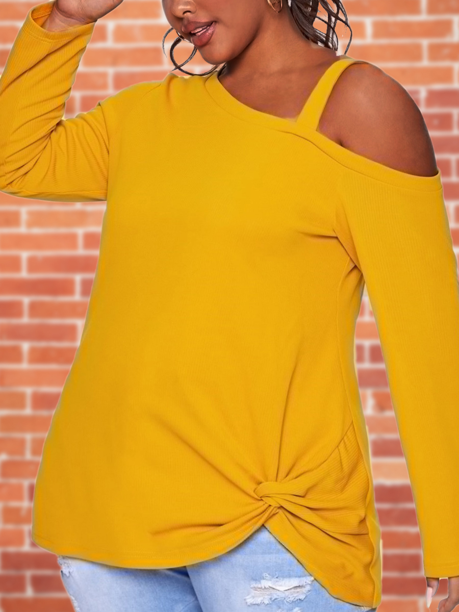 

lovely Sweet Hollow-out Knot Design Yellow Plus Size Sweater