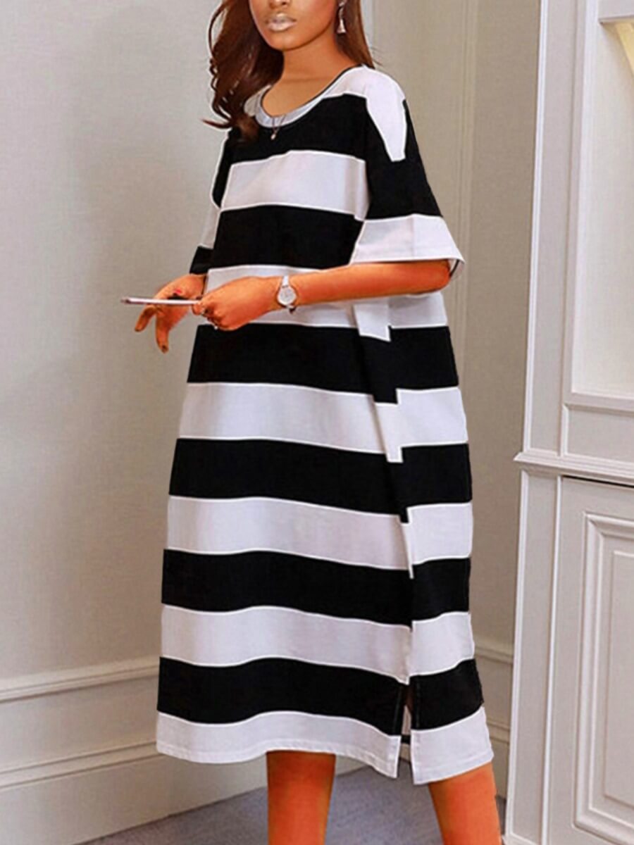 

Lovely Casual O Neck Striped Black And White Mid Calf Plus Size Dress