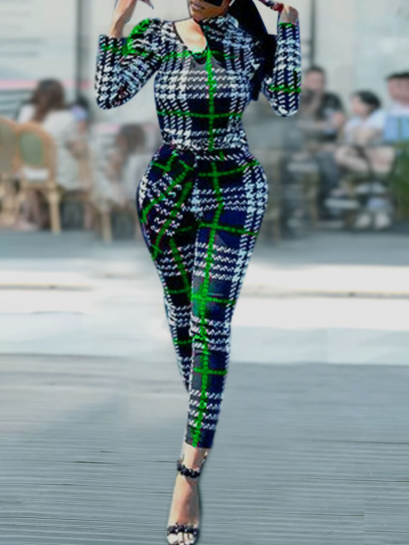 

Lovely Stylish Grid Print Hollow-out Green One-piece Jumpsuit
