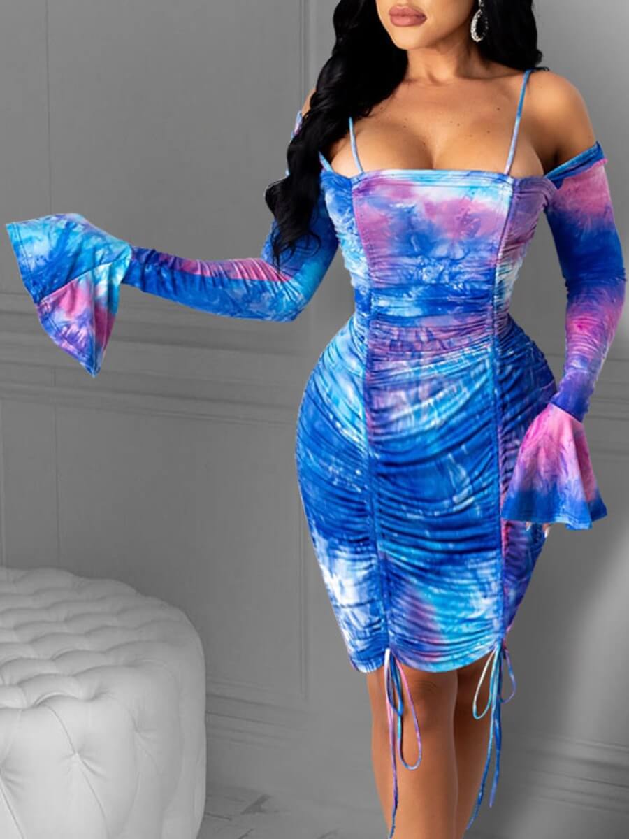 

Lovely Sexy Tie-dye Fold Design Blue Knee Length Dress(Batch Print