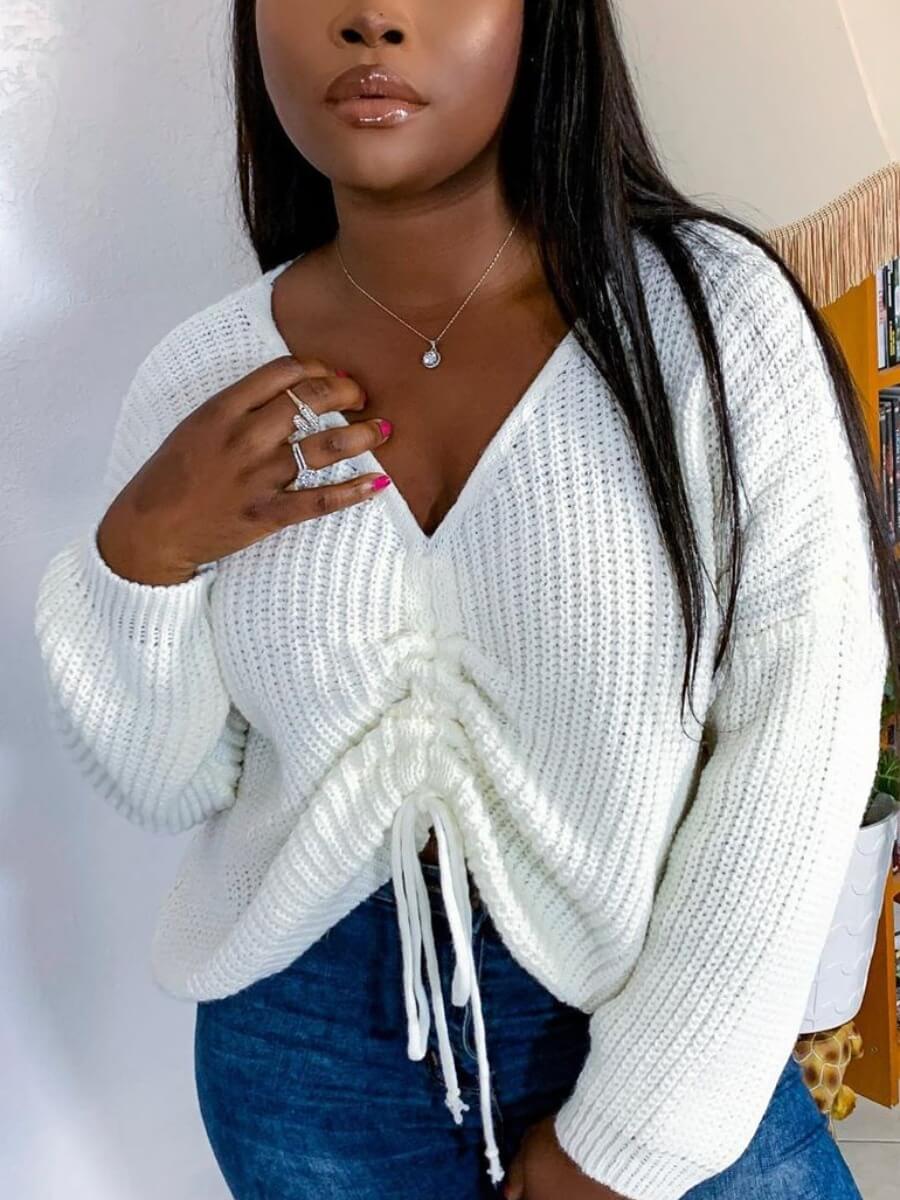 

Lovely Street V Neck Fold Design White Sweater